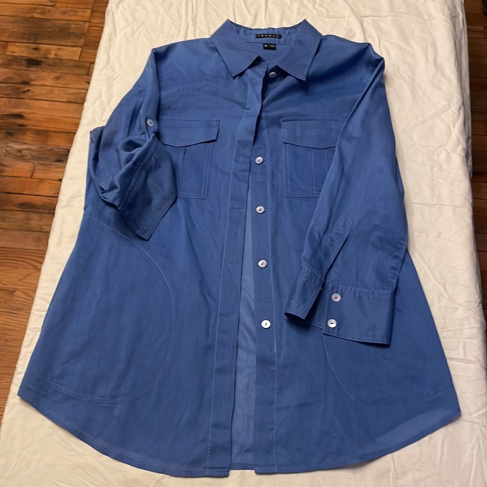 Theory 100% Cotton Blue Button Down 3/4 Sleeve Pocket Shirt Blouse Tunic Top